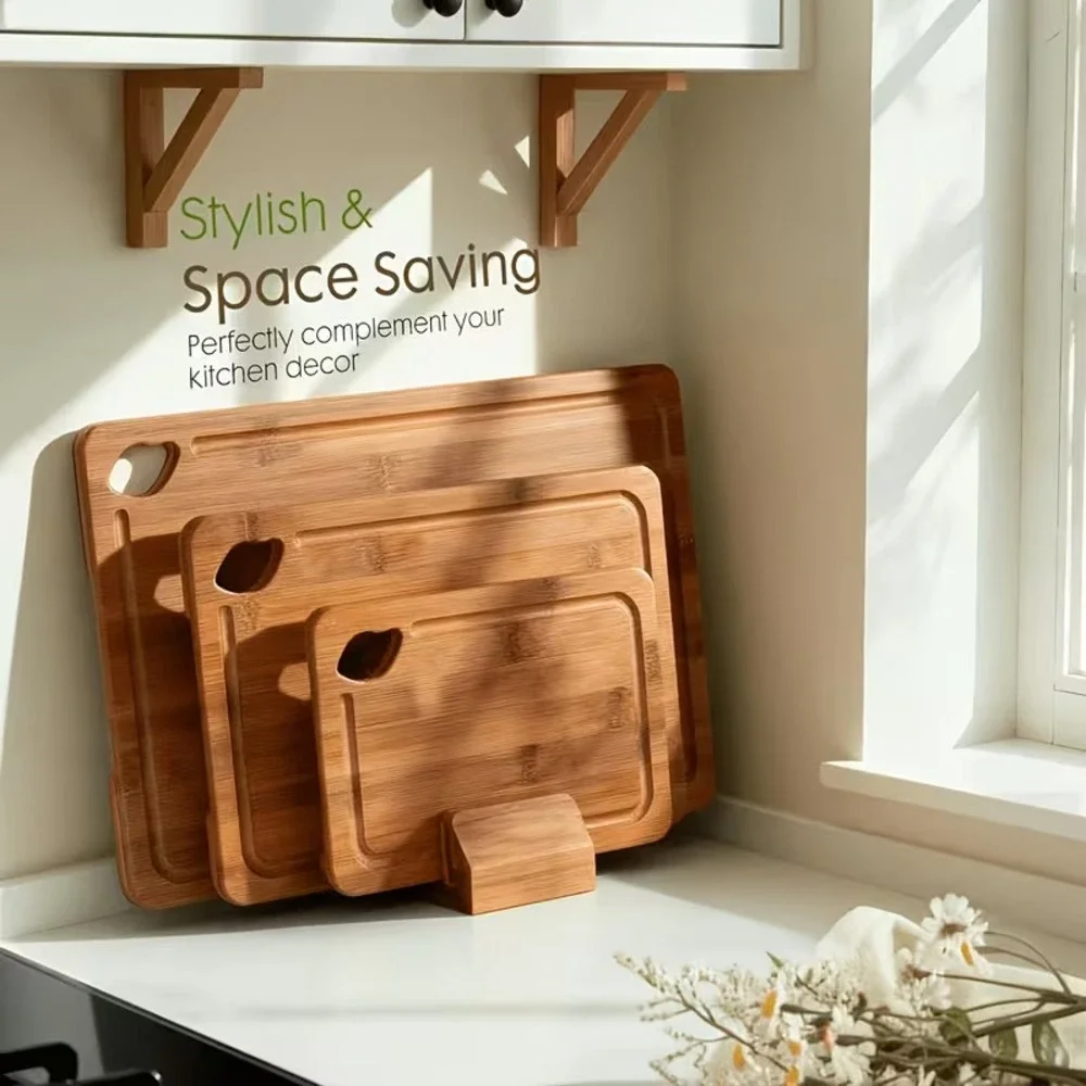 Bamboo Cutting Boards with Wood Storage Stand Deep Carbonized Grooved 3 Sizes
